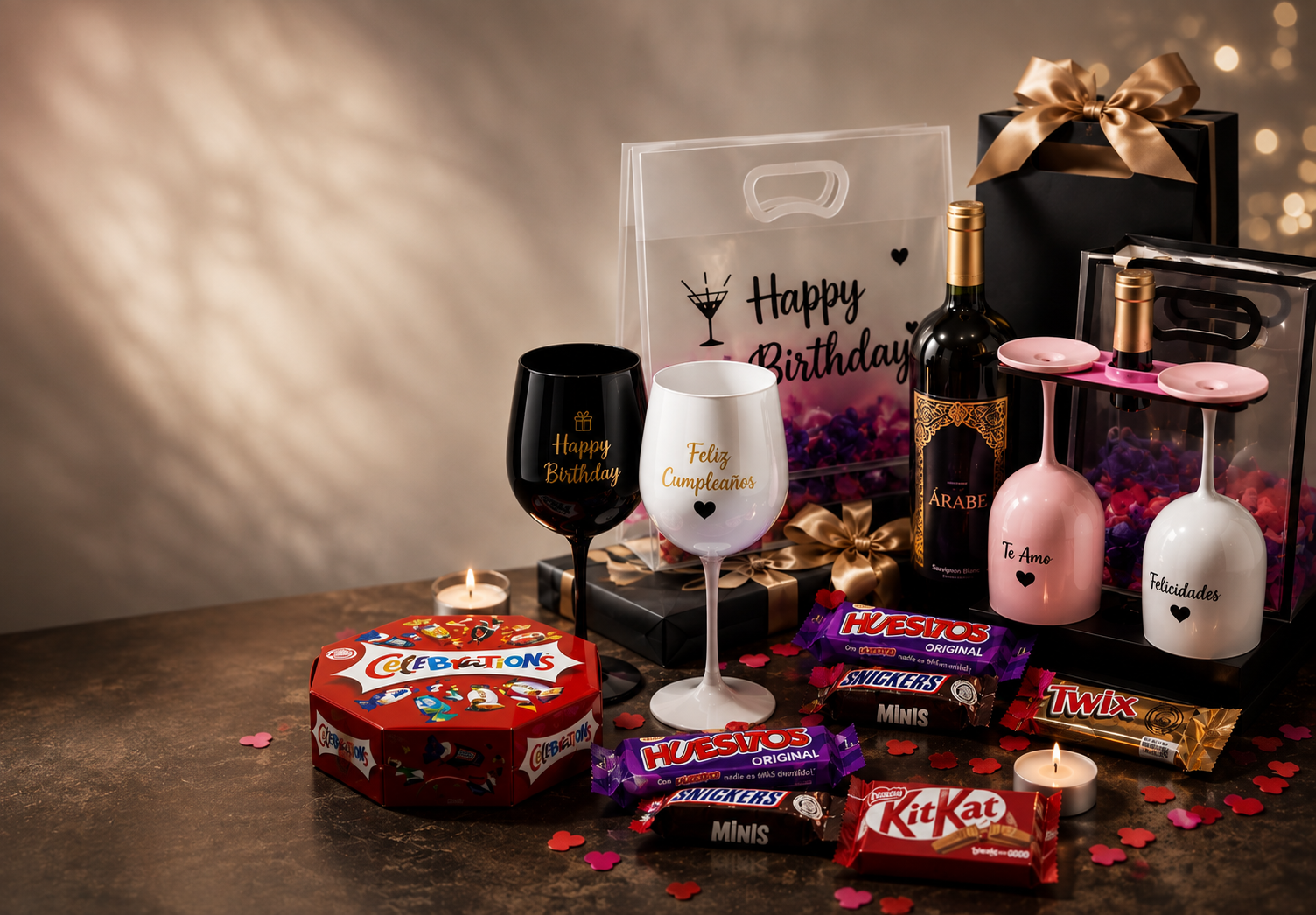 Fotografía editorial de cajas de regalo de vino envueltas elegantemente